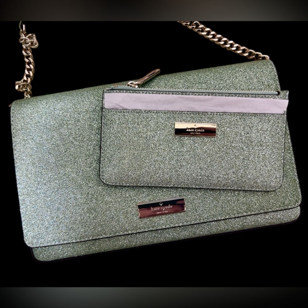 New Kate Spade Metallic Leather Evening Purse and Card Wallet Set, Seawater